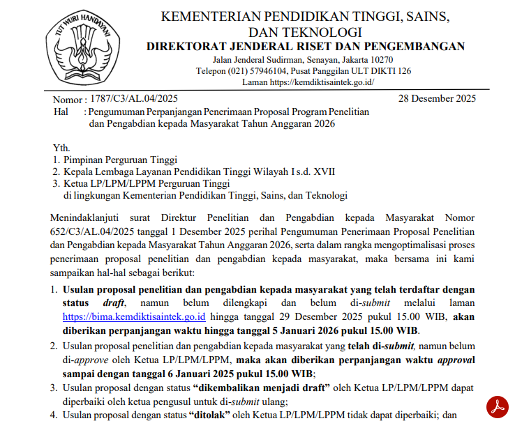 Perpanjangan Penerimaan Proposal Program Penelitian dan Pengabdian kepada Masyarakat Tahun Anggaran 2026