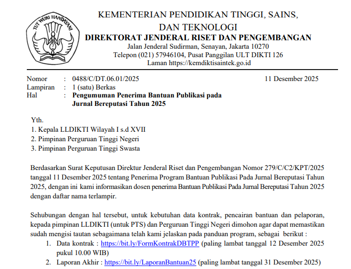Pengumuman Penerima Bantuan Publikasi pada Jurnal Bereputasi Tahun 2025