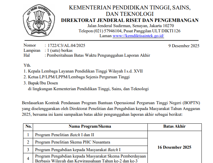 Pemberitahuan Batas Waktu Pengunggahan Laporan Akhir Penelitian & PkM Hibah DIKTI Tahun Anggaran 2025