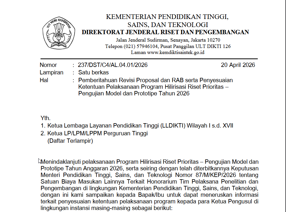 Pemberitahuan Revisi Proposal dan RAB serta Penyesuaian Ketentuan Pelaksanaan Program Hilirisasi Riset Prioritas – Pengujian Model dan Prototipe Tahun 2026